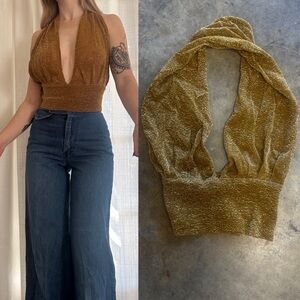 Vintage 70s disco gold plunge halter top